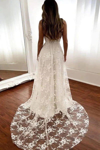 Simple Ivory Satin Strapless A Line V Neck Wedding Dresses With Slit PW273