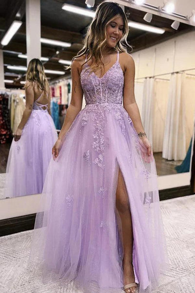 Stylish Tulle Lace A-line V-neck Long Prom Dresses SP776