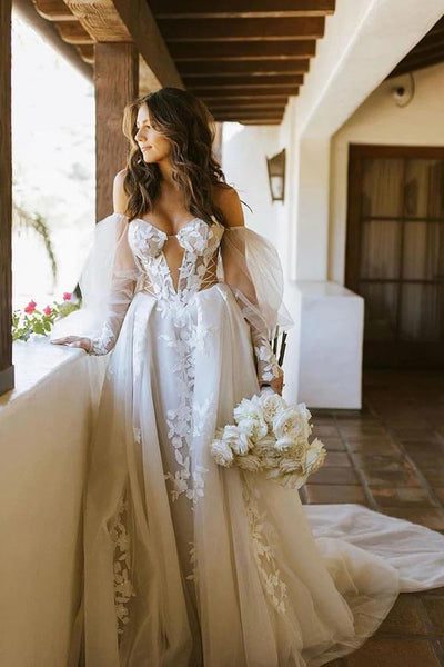 Tulle A Line Sweetheart Long Wedding Dresses With Lace Appliques PW253