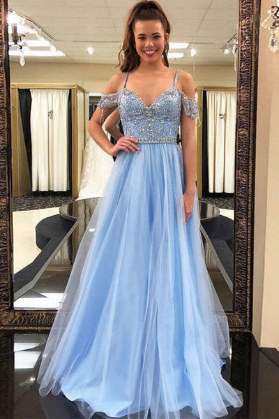 Blue Tulle Lace A-line Spaghetti Straps Prom Dresses PL442