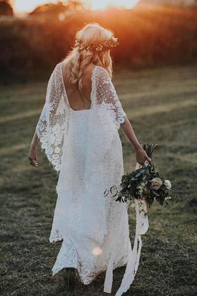 A Line Lace Deep V Neck Long Sleeves Rustic Wedding Dresses, Bridal Gown,  PW322