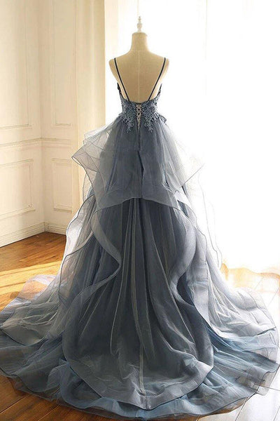 Blue Tulle Lace A-line Spaghetti Straps Prom Dresses PL442