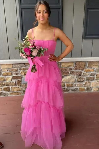Sexy Tulle Pink Ruffled Long Prom Dress with Criss Cross Back – Promnova
