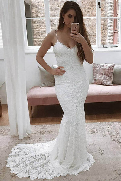 YY Lace Mermaid Wedding Dresses Spaghetti Straps Sexy V-Neck