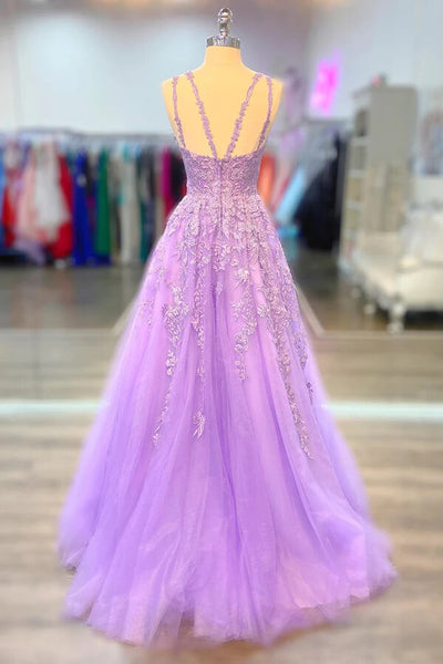 Lilac Tulle Lace A-line Open Back Prom Dresses MP688