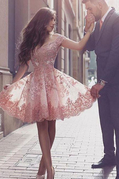 Cute Pink Off Shoulder Lace Short Homecoming Dresses PH394