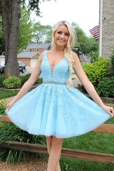 Blue Tulle Lace Beaded Appliques Homecoming Dresses PH354