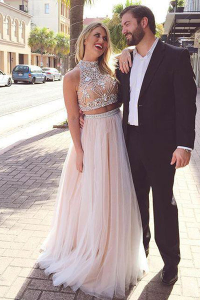 two piece rose gold prom dress