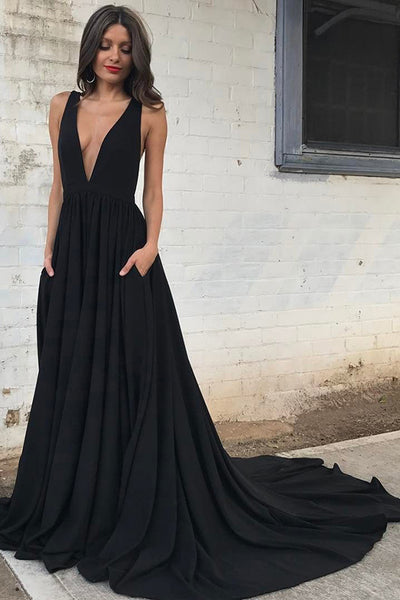 Black Chiffon Deep V Neck A Line Court Train Sleeveless Backless Prom Dress PL167