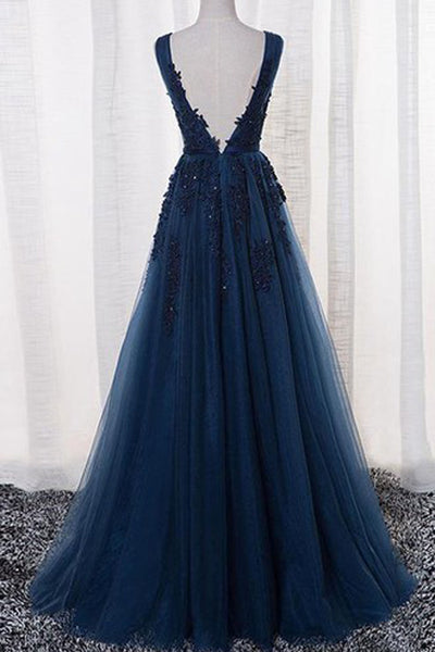 Vampal Royal Blue V-Neck A-Line Lace Applique Tulle Long Prom Dresses