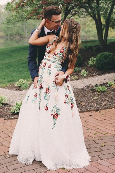 Gorgeous Ivory Lace A line V neck Floral Printed Long Prom Dresses PL3 Promnova