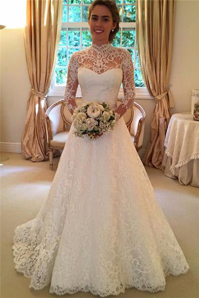 Vintage A-line High Neck Long Sleeves Lace Wedding Dresses Floor Lengt –  alinanova