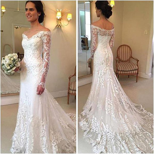 Lace V Neck Long Sleeve Sweep Train Wedding Dress With Appliques Promnova 