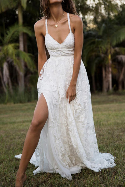 Ivory Spaghetti Strap Lace Open Back Side Split Beach Wedding Dresses –  Simidress