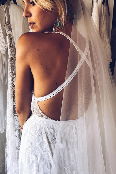 White Spaghetti Straps Open Back Lace Beach Wedding Dresses, MW212