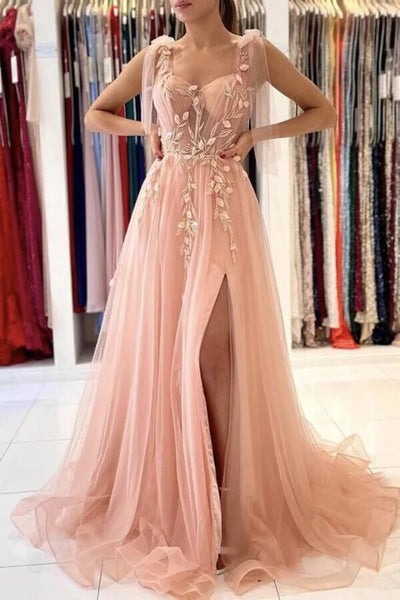 Pink Satin Prom Dresses Floral A-Line Formal Dresses 20599