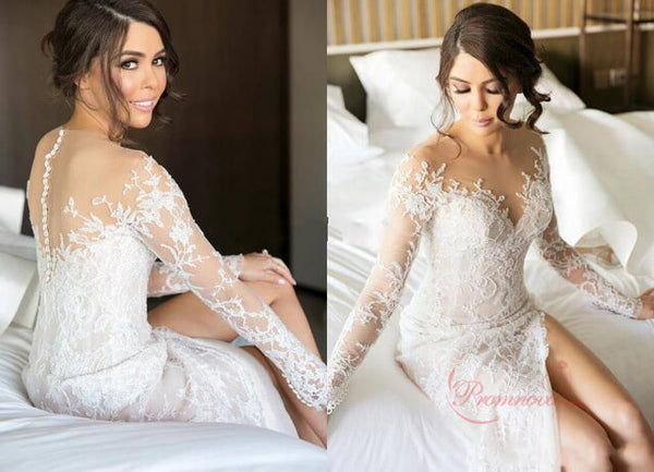 A Line Lace Deep V Neck Wedding Dresses With Sweep Train, Bridal Gown, PW283
