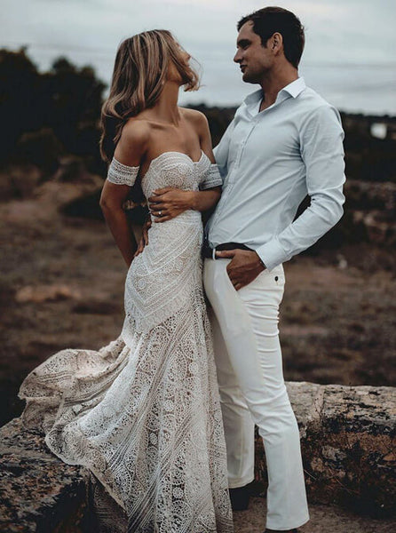 Lace Sleeved Two Piece Wedding Dresses,Boho Style Beach Bridal Gown –  Promnova