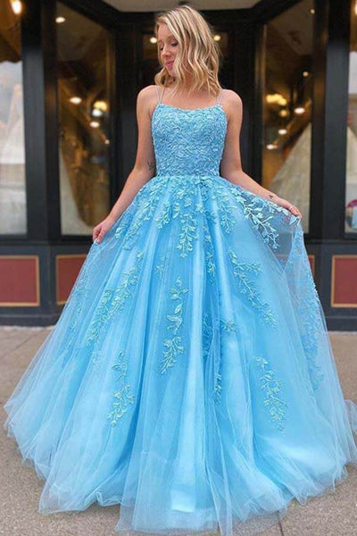 Shiny Sky Blue Tulle Spaghetti Straps Prom Dresses PL475 | Promnova US6 / As Picture