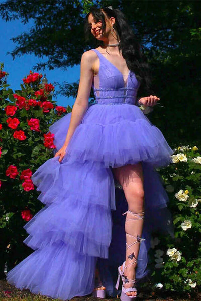 loveangeldress Purple Tiered Tulle Skirt Prom Dresses Deep V-Neckline Custom Made(Leave Note About Custom Measurements) / Burgundy