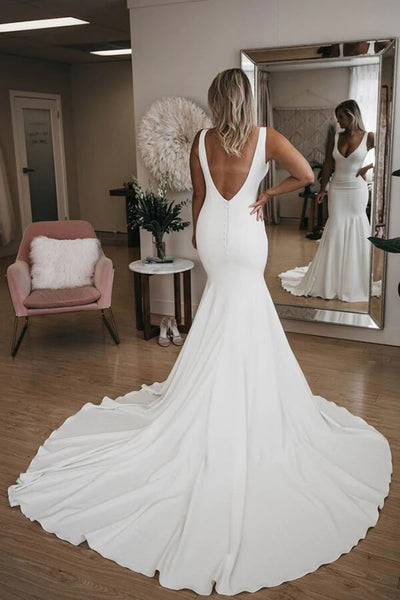 Satin Wedding Dress With Open Back / Deep V-neck Bridal Dress With Train /  Weding Backless Dress With Built-in Bra and Floral Decor -  UK