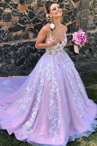 Pink Tulle Lace A-line Backless Long Prom Dresses MP694