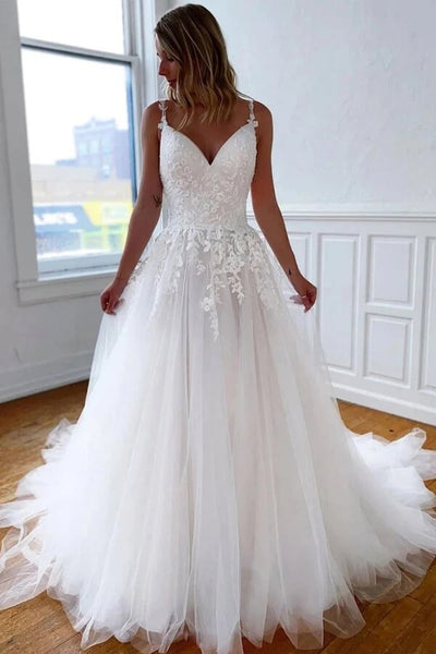 Formal Dress: 7035. Long Bridal Gown, V-neck, A-line, Deep V Back