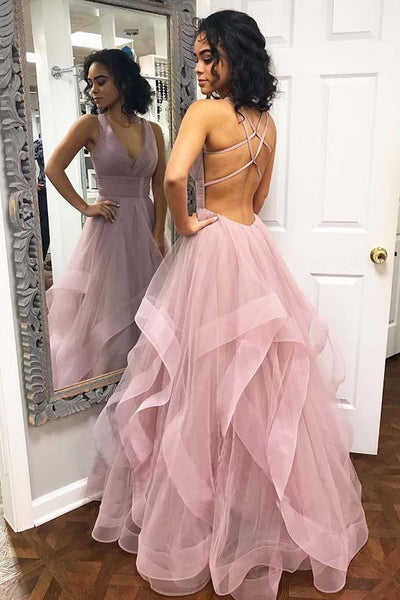 KissProm Sutton |A-line Corset Strapless Tulle Prom Dress with Ruffles, Pink / 0