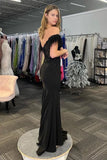 Black Satin Mermaid Feathered Off Shoulder Prom Dresses With Lace, PL681 image 3