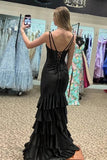 Black Satin Mermaid V Neck Ruffle Long Prom Dresses With Split, PL667 | backless prom dresses | prom dresses for teens | simple long prom dress | promnova.com