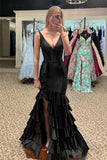 Black Satin Mermaid V Neck Ruffle Long Prom Dresses With Split, PL667 | new arrival prom dress | simple prom dresses | cheap prom dresses online | promnova.com