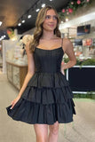 Black Satin Spaghetti Straps A Line Short Homecoming Dresses With Bow, PH447