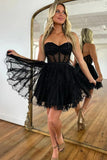 Black Tulle Strapless Sweetheart Neck Ruffled Short Homecoming Dress, PH442 image 1