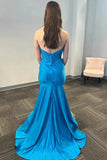 Blue Satin Mermaid Strapless Corset Beaded Prom Dresses With Train, PL691 | long formal dress | cheap long prom dresses online | prom dresses near me | promnova.com