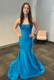 Blue Satin Mermaid Strapless Corset Beaded Prom Dresses With Train, PL691 | simple prom dress | evening dresses | party dress | promnova.com