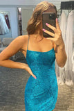 Blue Sheath Scoop Spaghetti Straps Lace Tight Homecoming Dresses, PH424 image 3