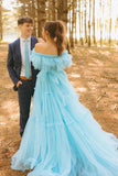 Blue Tulle A-line Corset Off Shoulder Long Prom Dresses With Ruffles, PL657 | simple prom dresses | a line prom dress | evening gown | promnova.com