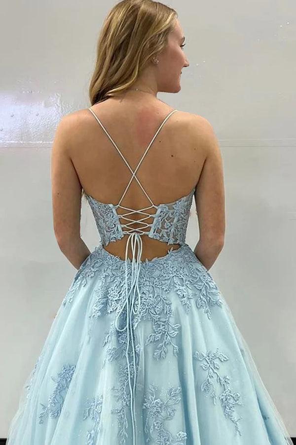 Blue Tulle A-line Scoop Spaghetti Straps Long Prom Dresses With Appliques,  PL612