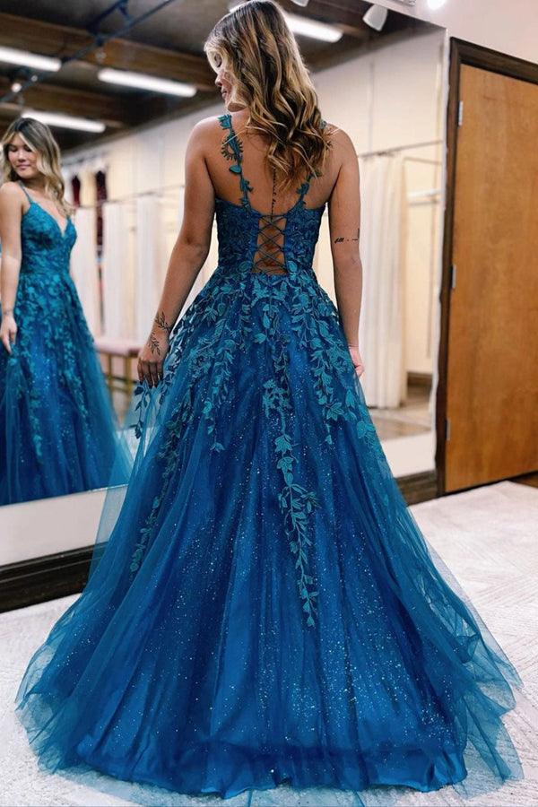 Blue Tulle Lace A-line Spaghetti Straps Prom Dresses PL442