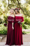 Burgundy Chiffon Off-the-Shoulder Floor Length Bridesmaid Dresses, PB180 image 1