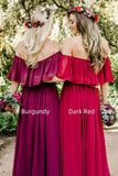 Burgundy Chiffon Off-the-Shoulder Floor Length Bridesmaid Dresses, PB180 image 2