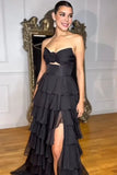 Chiffon A Line Sweetheart Strapless Ruffled Long Prom Dresses With Slit, PL676 image 5