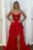 Chiffon A Line Sweetheart Strapless Ruffled Long Prom Dresses With Slit, PL676 image 4