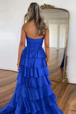 Chiffon A Line Sweetheart Strapless Ruffled Long Prom Dresses With Slit, PL676 image 3