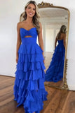 Chiffon A Line Sweetheart Strapless Ruffled Long Prom Dresses With Slit, PL676 image 2