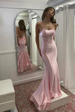 Cute Pink Satin Mermaid Scoop Neck Long Prom Dresses, Party Dresses, PL701