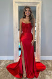 Cute Red Satin Mermaid Scoop Neck Prom Dresses With Lace Appliques, PL697 | cheap long prom dresses | evening dresses | senior prom dress | promnova.com