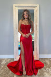 Cute Red Satin Mermaid Scoop Neck Prom Dresses With Lace Appliques, PL697 | simple prom dresses | red prom dress | lace prom dress | promnova.com