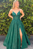 Dark Green A Line V Neck Lace Appliques Long Prom Dresses With Slit, PL690 | green prom dress | lace prom dress | long formal dress | promnova.com