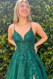 Dark Green A Line V Neck Lace Appliques Long Prom Dresses With Slit, PL690 | a line prom dress | tulle prom dresses | simple prom dress | promnova.com